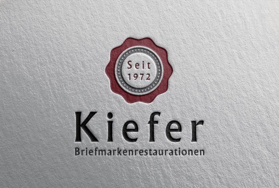 Logo Kiefer Briefmarkenrestaurationen mit Siegel Seit 1972, geprägt auf Papier